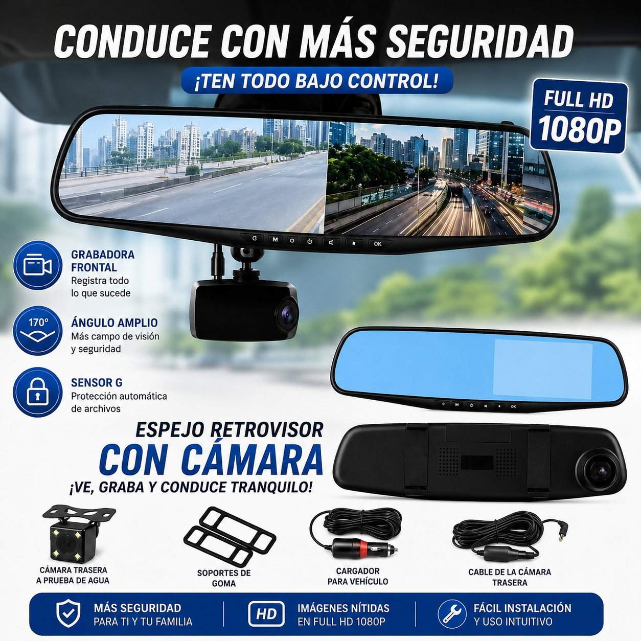 [PROMO] Espejo retrovisor 4 en 1 Pantalla Táctil